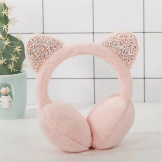 Berets 2021 Fällbara Sequined Cat Ears Plush Earmuffs Kvinnor Girl Fur Ear Warmer Muffs Glitter Headband Cartoon Earlap