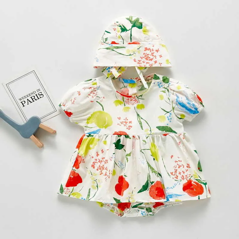 Printemps bébé fille body Floral manches courtes combinaison avec casquette né Style mignon enfants vêtements E27 210610