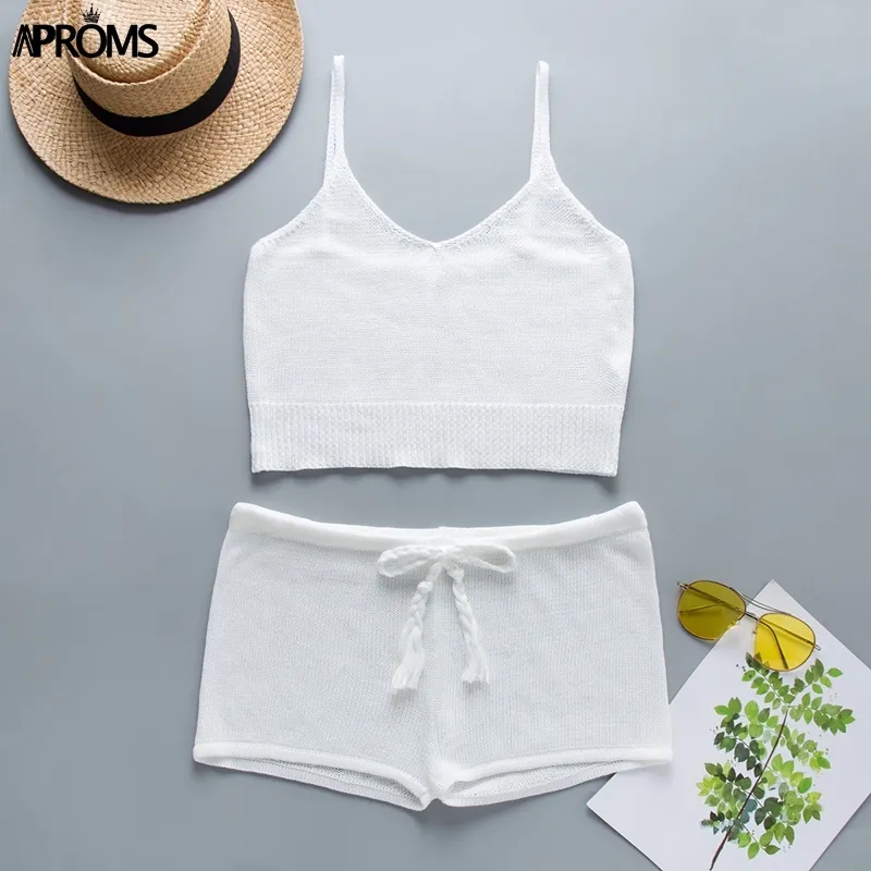 Aproms Boho White Knitted Crop Top and Shorts Women Elegant Set Summer Low Waist Beach Bikini Romper Female Outfit 210302