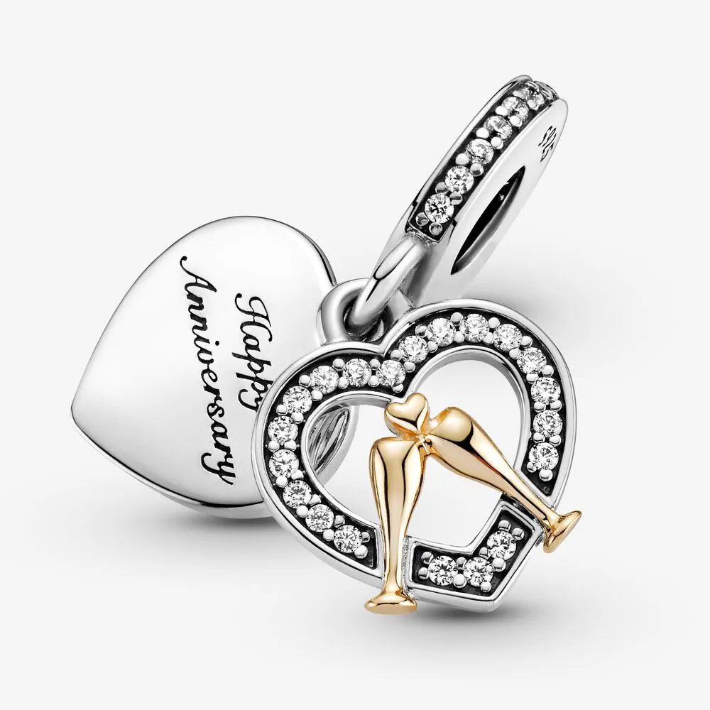 New Arrival 925 Sterling Silver Two-tone Happy Anniversary Dangle Charm Fit Original European Charm Bracelet Fashion Jewelry Acces2286