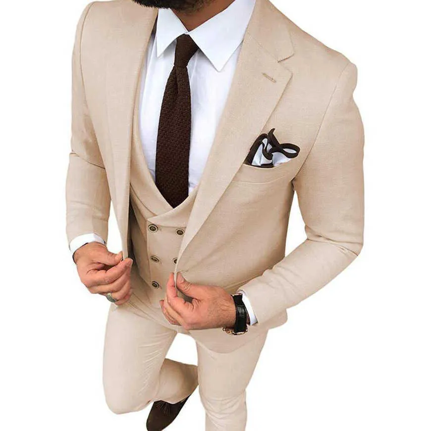 Smokings De Mariage Beige Slim Fit Un Bouton Costumes Pour Hommes Costume De Marié Personnalisé Trois Pièces De Bal Formelle Costumes Masculins Veste + Pantalon + Gilet X0909