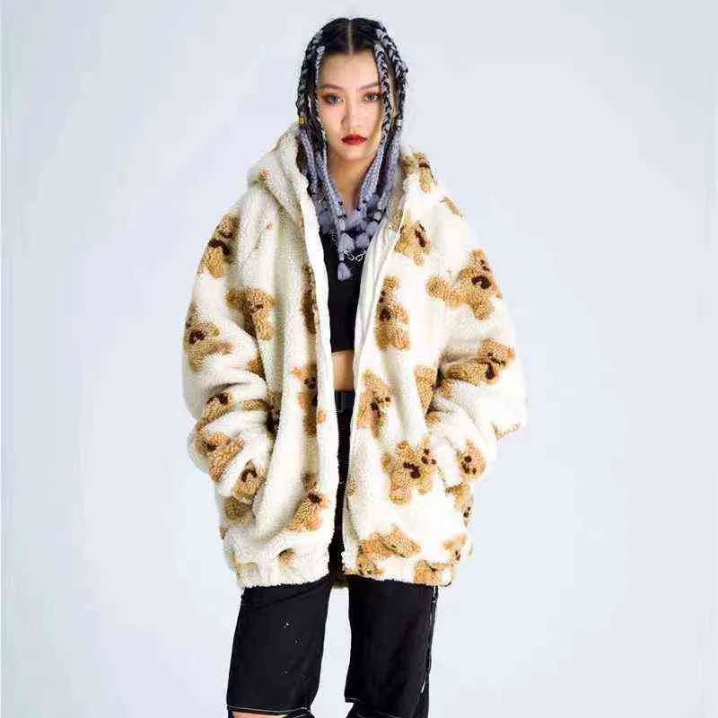 TEDSN Hip Hop Giacca in lana d'agnello Pullover con stampa orso Felpe con cappuccio Uomo Harajuku Streetwear Cappotto oversize coppia Outwear Inverno 211110