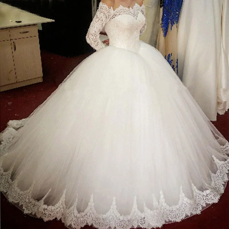 ZJ9151 Sexig högkvalitativ bröllopsklänning 2021 Bollklänning Elegant vit elfenben långärmad brudklänningar spetsbotten258i
