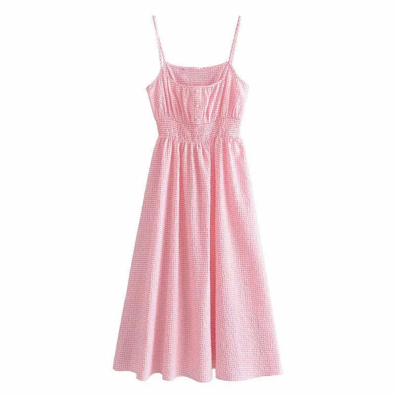 Za Pink Gingham Long Dress Women Smocked Elastic Pleated Elegant Party Dresses Sleeveless Straps Vintage Summer Dress 210602