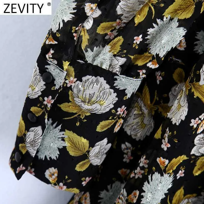 Zevity Frauen Vintage Stehkragen Blumendruck beiläufige dünne Midi-Kleid weiblich Puffärmel Falten Party eine Linie Vestido DS4670 210603