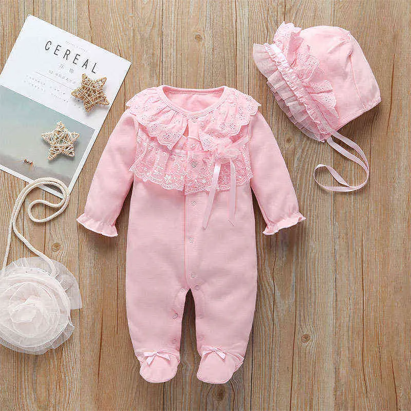 Born Baby Girl Clothes Autunno pizzo di cotone stile principessa tuta 0-3 mesi pagliaccetto infantile con calzini fascia ropa bebe 220106