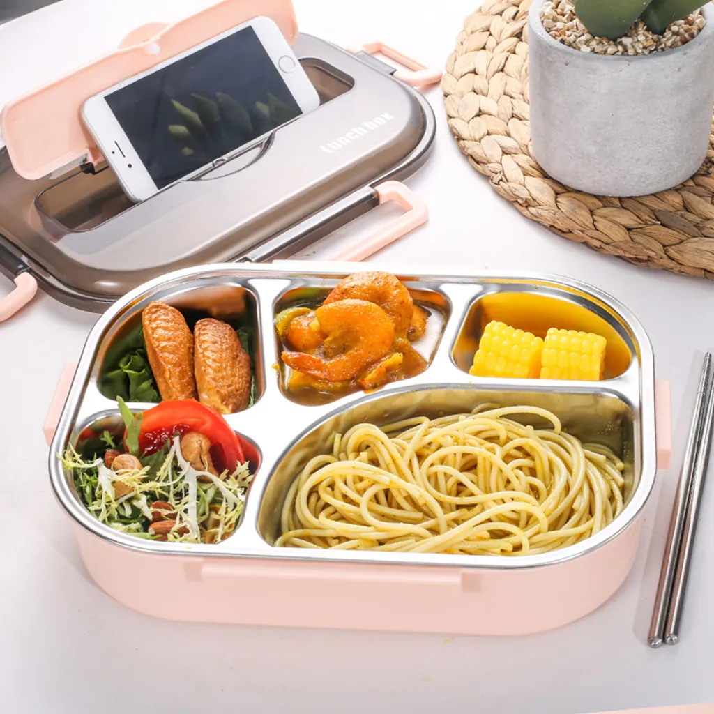 Portable Lunch Box With Compartments 304 Stainless Steel Bento For Kids Microwave Food Container Tableware Set A13 Y200429