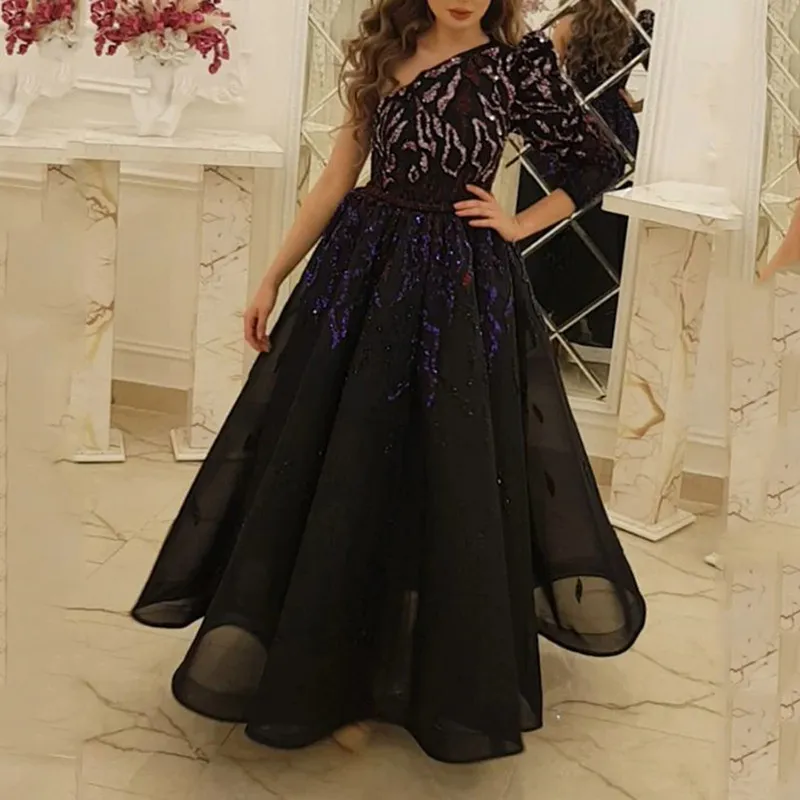 All Black One Shoulder Long Sleeve Women Dresses Spring Summer Evening Party And Wedding Robe Elegant A-Line Midi Dress 210525