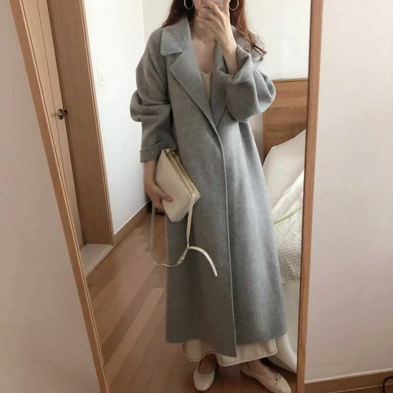 Koreaanse elegante wollen jas vrouwen lange mouw turn down kraag wollen jassen dames vintage met riem bandage mengsels uitloper 210525