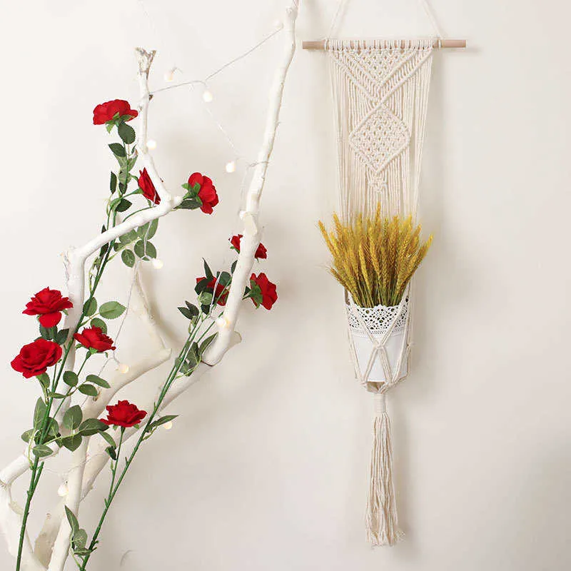 Macrame Wall Hanging Planter Hangers Air Plant Holder Holder شرفة زخرفة الجدار زارع وعاء منسوجة سلة بوهيمية Makrama 210278D