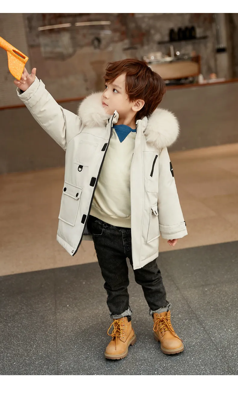 Piumino bambini moda invernale Cappotto spesso con cappuccio lungo stile straniero ragazzi