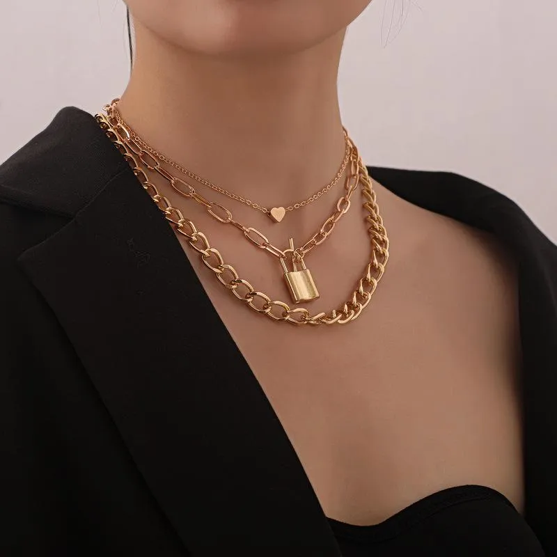 Colliers pendentifs Vintage Punk Boho multicouche ras du cou serrure coeur chaîne collier pour femmes or argent couleur collier mode bijoux283v