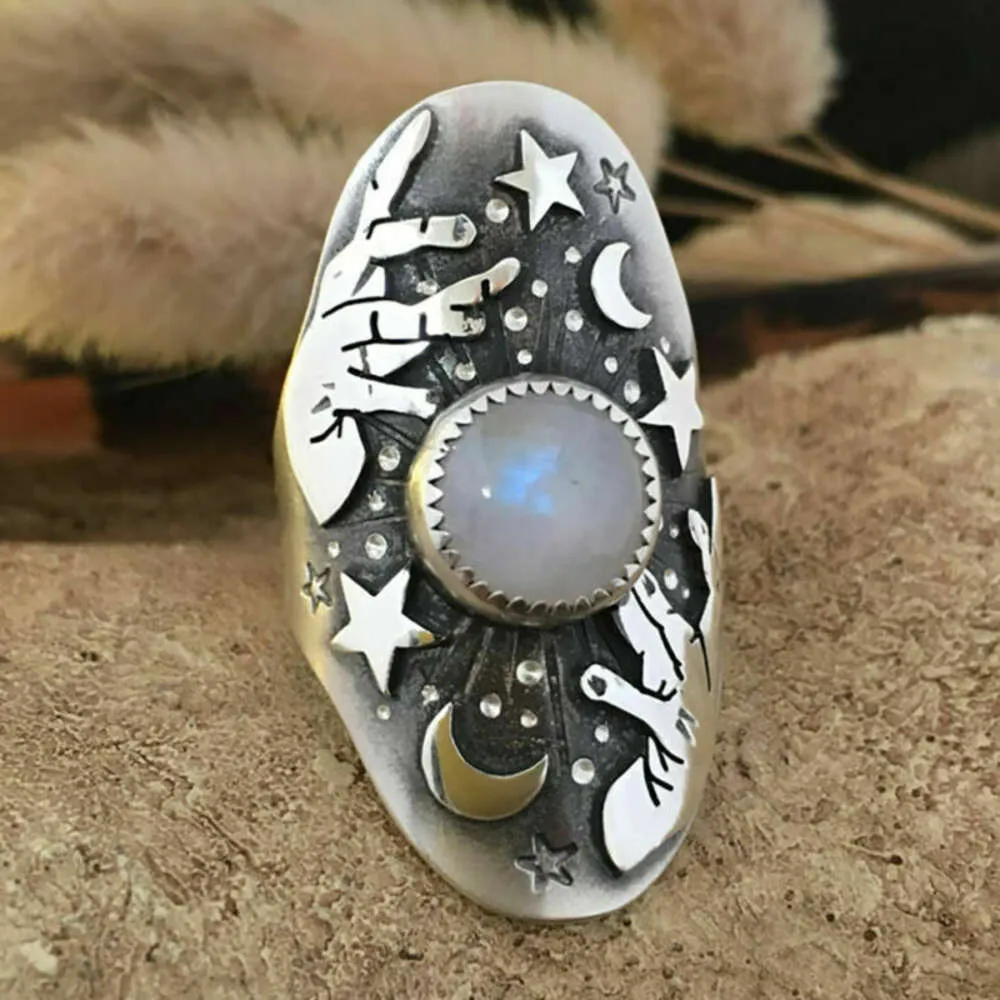 Rongyu Fashion Star Creative Magician Moonstone Thai sier Ring3803834