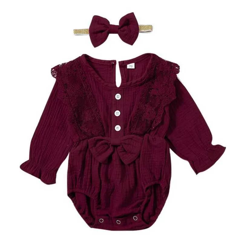 Primavera Baby Girl Body colletto in pizzo cotone manica lunga principessa pagliaccetto con fascia vestiti nati E20578 210610