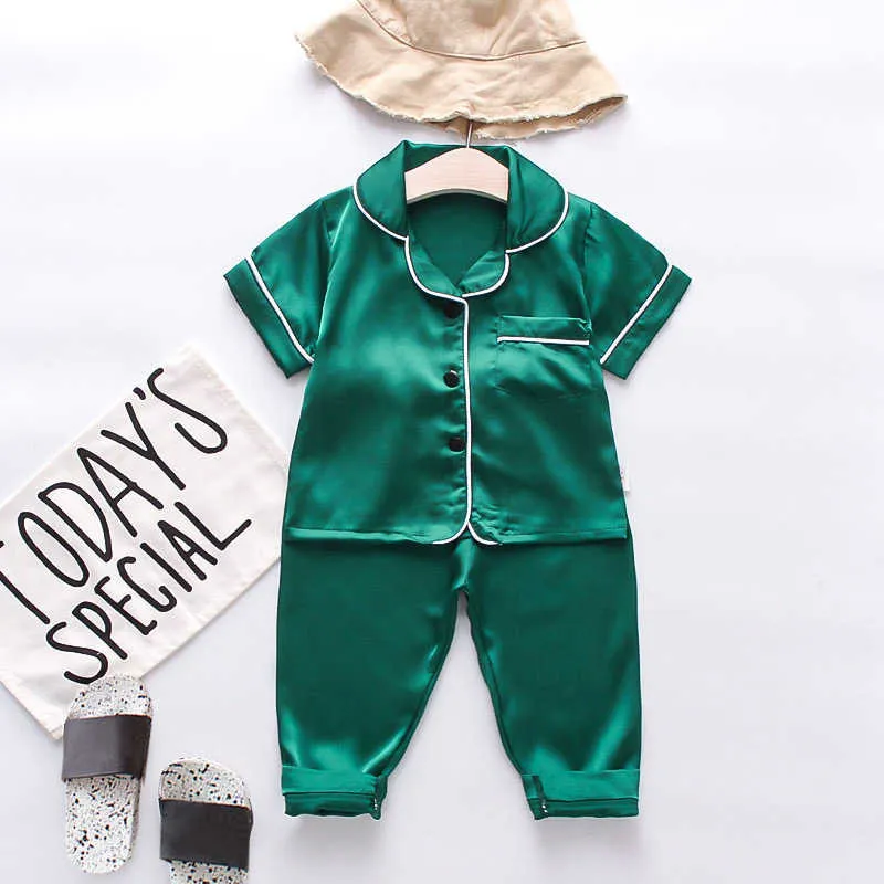 Çocuk Pijama Set Yaz Erkek Bebek Kız Giysileri Katı Buz Ipek Pijama Seti Çocuk T-shirt + Pantolon Toddler Giyim Setleri X0902