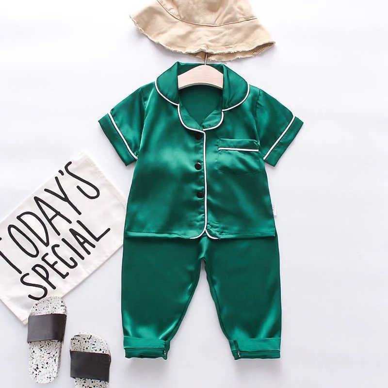 Piżama dziecięce Set Summer Baby Boy Girl Clothing Solid Ice Silk Sleepwear Set Kids Koszulka + Spodnie Toddler Zestawy odzieżowe X0902
