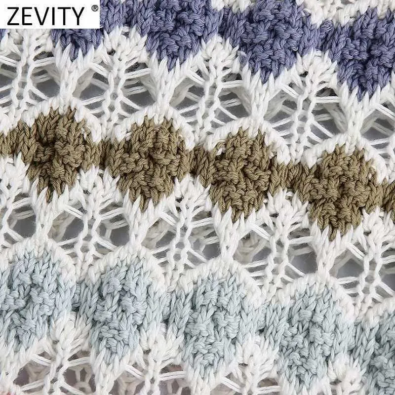 Zevity Women Fashion Hollow Out Färgglada Crochet Short Stickning Sweater Lady Ärmlös Casual Slim Crop Pullover Tops SW826 210914