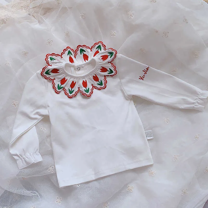 Lolita Little Girl lange mouw witte blouse aardbei cherry borduurwerk Basic tops peuter kwaliteit blouses 210619