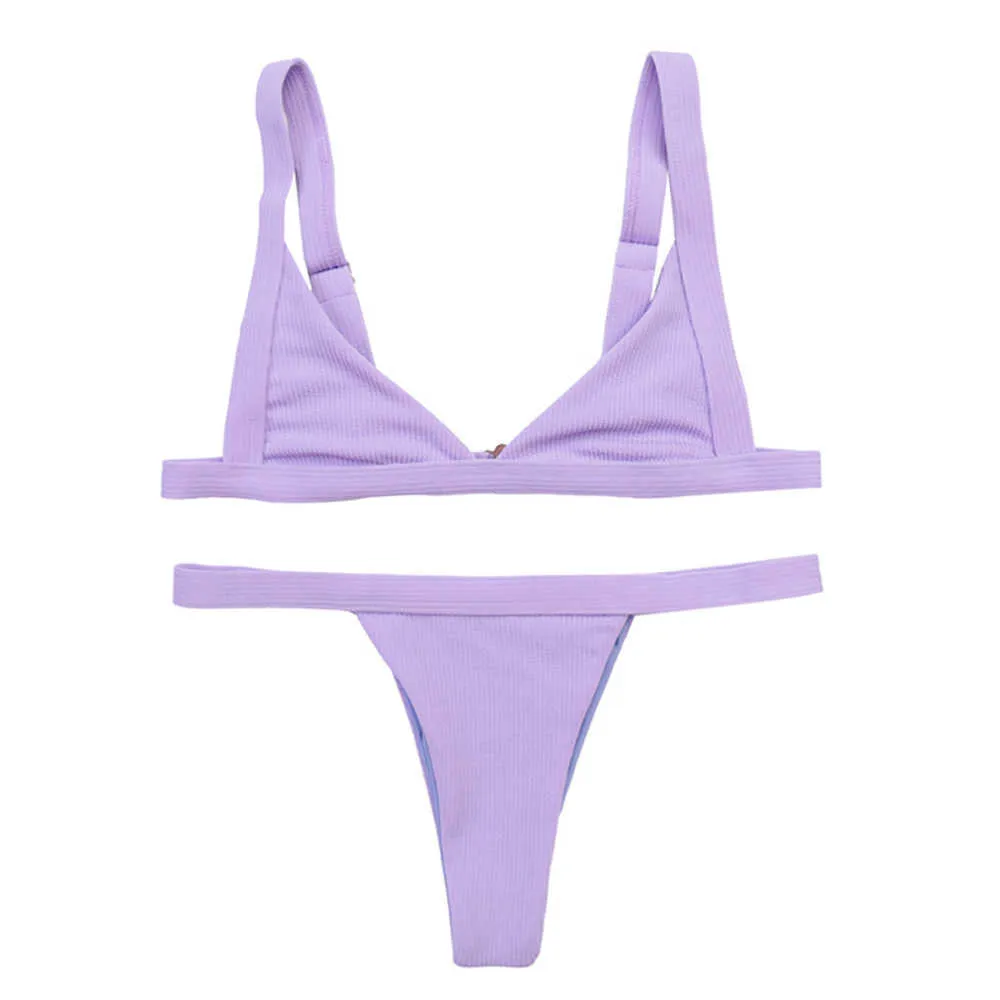 Purple One épaule Lace Up Bikini Set Maillots de bain Solide Bikinis Mujer Push Cordon Maillot de bain Cravate Maillots de bain 210629