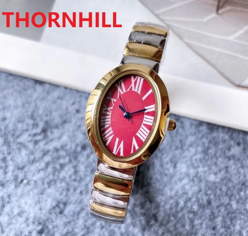 Fashion de haute qualité Femme Ovale Shape Watch Quartz Sapphire Pink Ladies Montre les bracelets en acier inoxydable