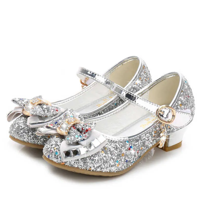 Princess Kids En Cuir Chaussures Pour Filles Fleur Casual Glitter Enfants High Heel 2020 Chaussures Filles Butterfly Knot Bleu Rose Argent X0719