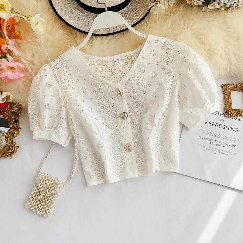 Women Sexy Hollow Out Crop Tops Summer Sweet Puff Sleeve V Neck Short Blouse Ladies Lace Gold Button White Shirts 210525