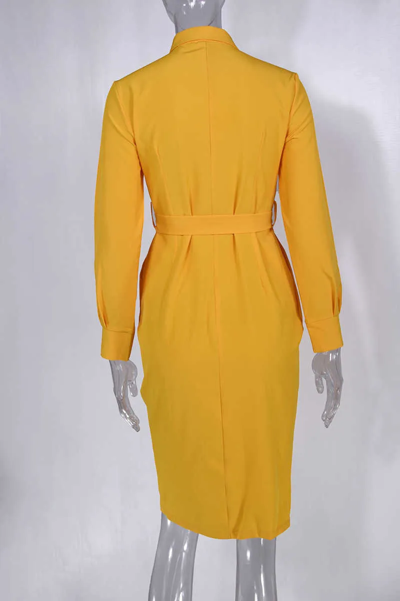 Mode Langarm Knöpfe Hemd Dres Herbst Casual Gelb Grün Vintage Damen Kleider Femme Robe 210623