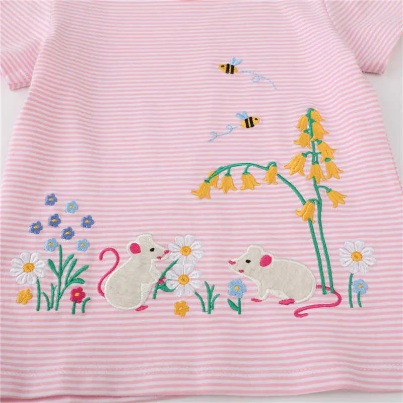 Jumping Meter Summer Tees Tops for Baby Girls indossare il mouse in cotone ricamare floreali bambini t-shirt carino stripe shirt shirt da bambino 210529