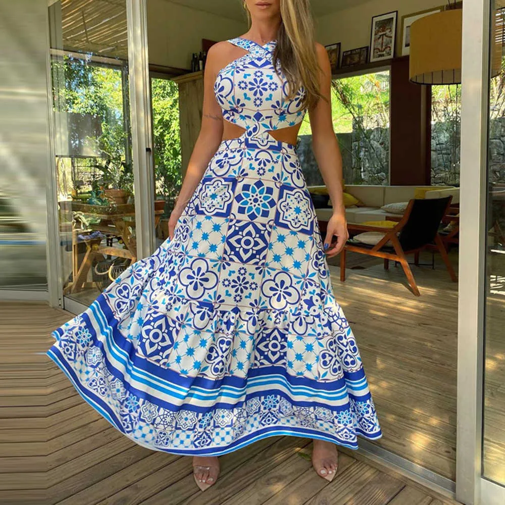 2021 dress long summer beach dress suit feminine halter neck halter retro print sleeveless new beach sun skirt suit Y1006