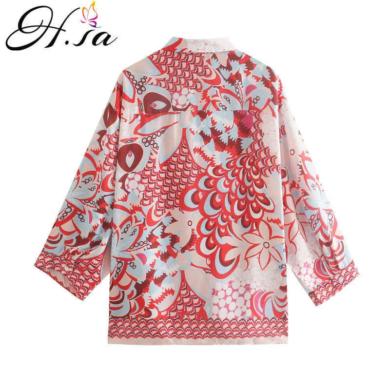 HSA Blouses Women Retro Printed Ulzzang Summer Chic Design Town-Down Koleria Koszulki Damskie Moda swobodny mecz panie Koreańskie 210716