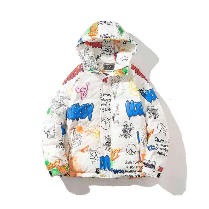 Glacialwhale down jacket män vinter graffiti hooded vindtät kappa streetwear överdimensionerade hip hop svart för 211214