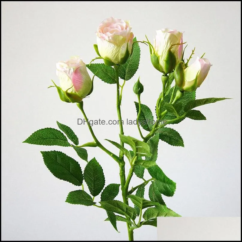 4 Heads Silk Rose Artificial Flowers Long Stem Wedding Decoration Fake Flowers Plastic Branches with Leaves Home Hotel Decor