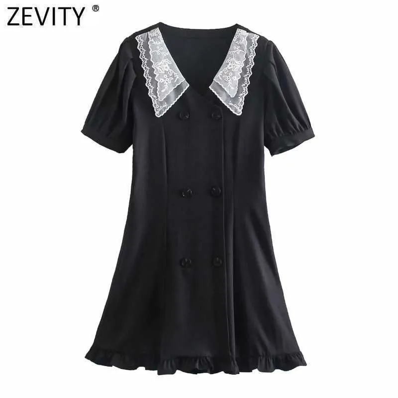 Zevity Femmes Sweet Lace Col Patchwork Double Boutonnage Noir Mini Robe Femme Chic Puff Manches Volants Été Robe DS8161 210603