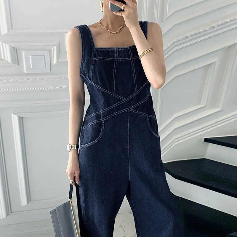 Korejpaa Femmes Combinaisons Été Corée Chic Rétro Encolure Carrée Contrastante Couleur Double Poches Bretelles Denim Pantalon 210526