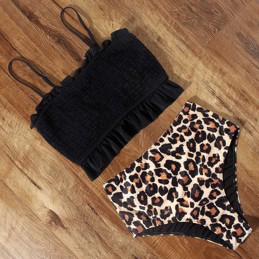 Bikini badkläder kvinnor baddräkt smocked leopard vadderad hög midja bandeau baddräkt biquini sexig 210629