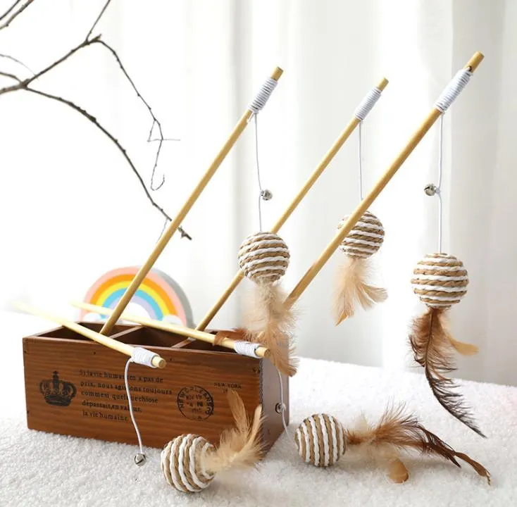 Cat Toy Natural Wooden Stick Home Pet Maid Fishing Pole Play Item Rod Eco-friendly Mouse Ball Wholesale