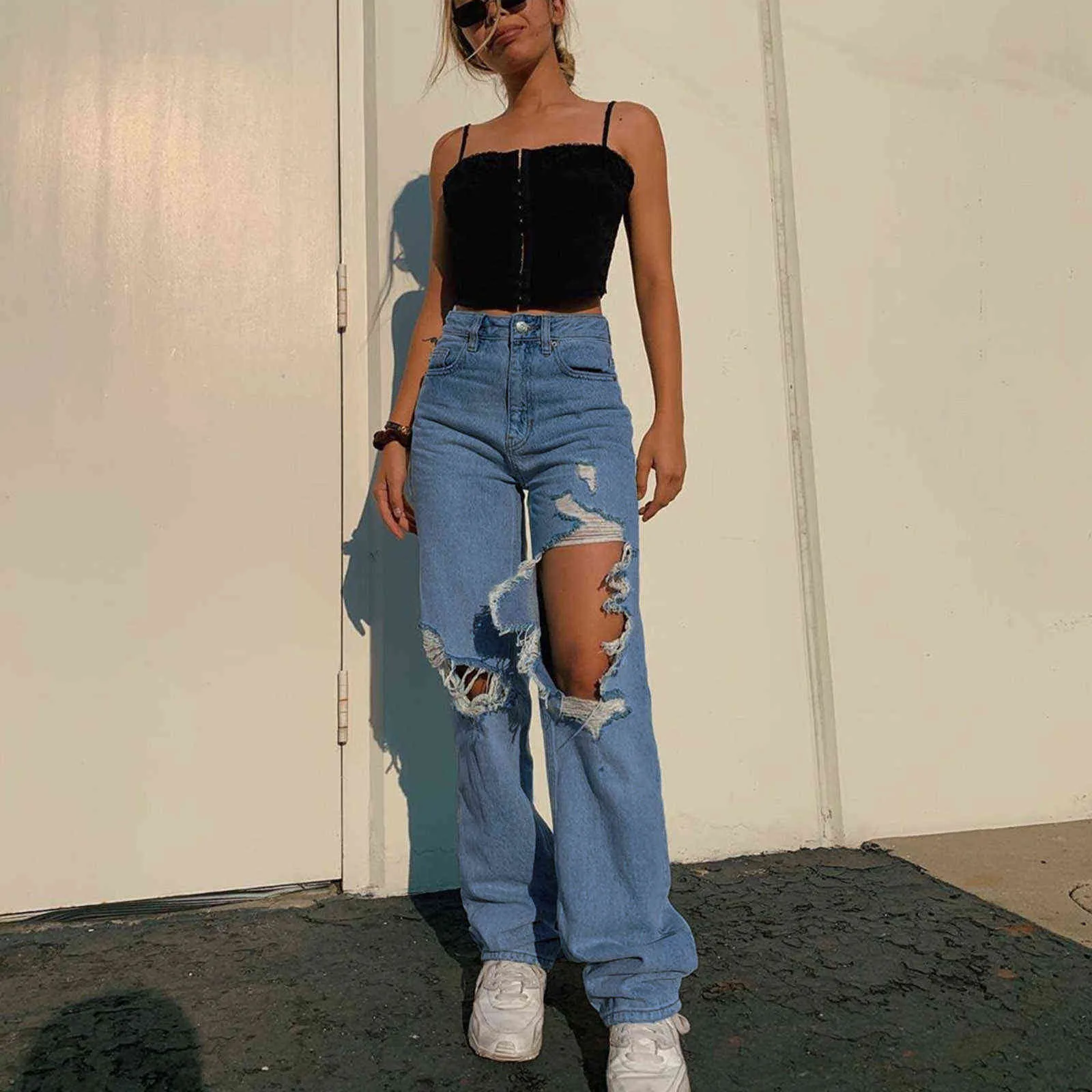 Summer Women's High Waist Elastic Ripped Hole Denim Jeans Trousers Wide Leg Ripped Fashion Chic Pant 211115