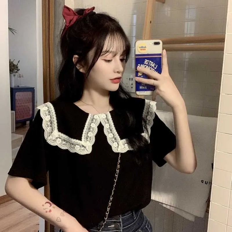 Japan Style Sweet Black Short Sleeve Peter Pan Collar Tops Summer Lace Patchwork Purple Blouse Women Girls Blusas Mujer Preppy 210610