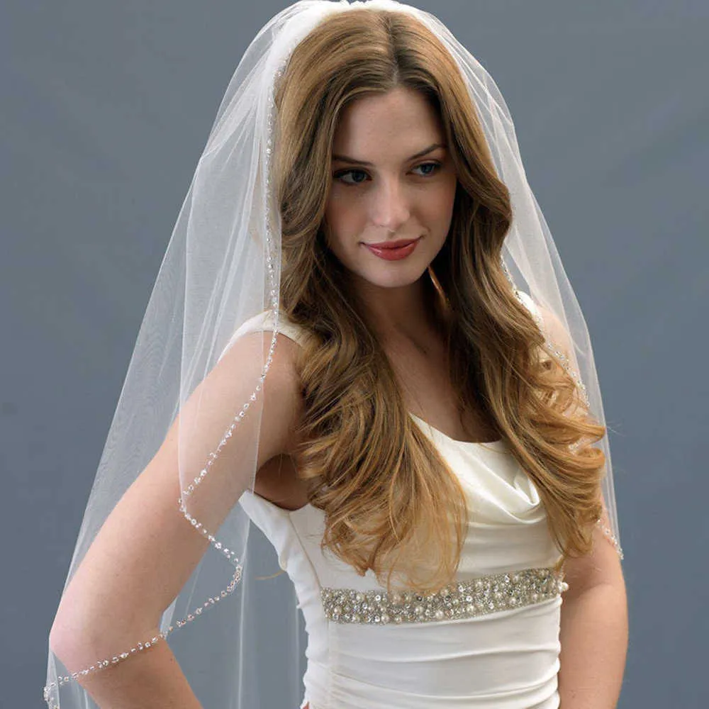 V31 véu de noivos curtos de borda v31 com pente branco marfim uma camadas tulle véu de casamento nupcial com véu de borda de cristal glitter x0726
