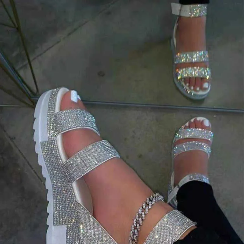 Women's Sandals Ladies Crystal Open Toe Ankle Strap Thick Bottom Flat Shoes Woman Casual Fashion Sandals Female 2021 Summer Y0721
