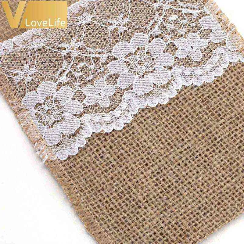 toile de jute dentelle couverts pochette vaisselle toile de jute rustique jute décor de noël décoration de table de mariage fête de mariage mariée 211122