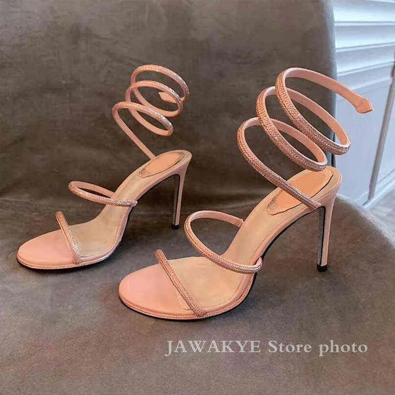 Sandalias de vestir con correa de cuentas en el tobillo, zapatos de fiesta formales de tacón alto de aguja, zapatos de boda rosas plateadas, sandalias de gladiador para mujer H1126