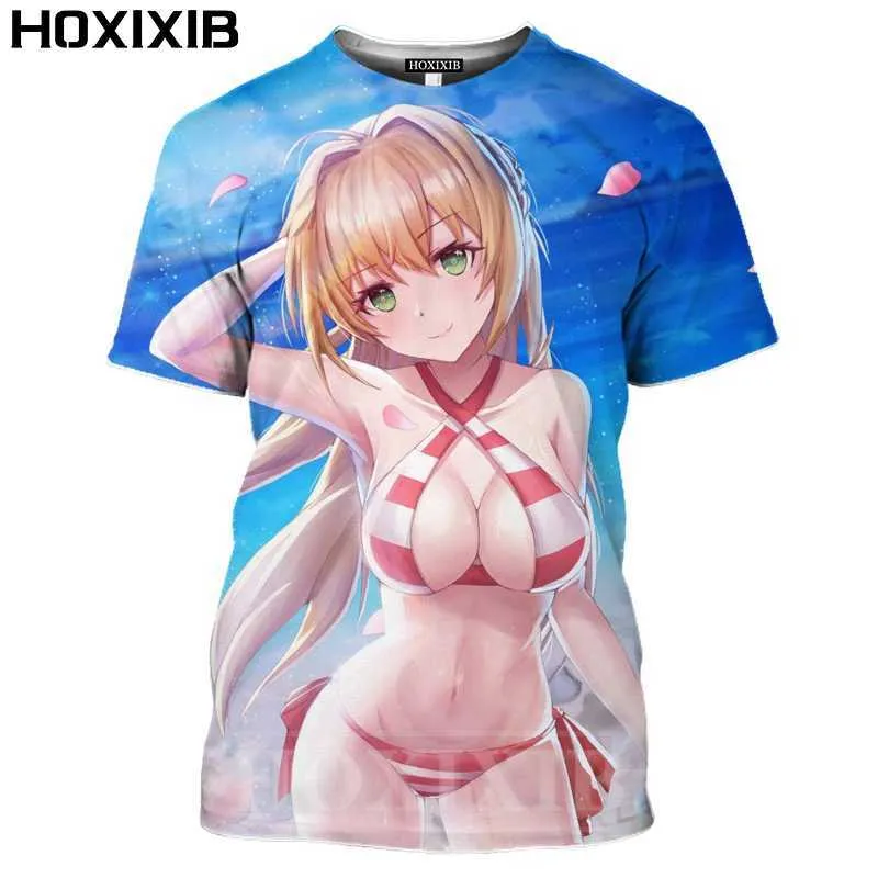 HOXIXIB 3D Manga Nacktheit Schönheit Cartoons Anime Mädchen T-Shirt Männer Frauen Große Brust Bikini Sandstrand Fußball Modell Hentai T-Shirts X0602