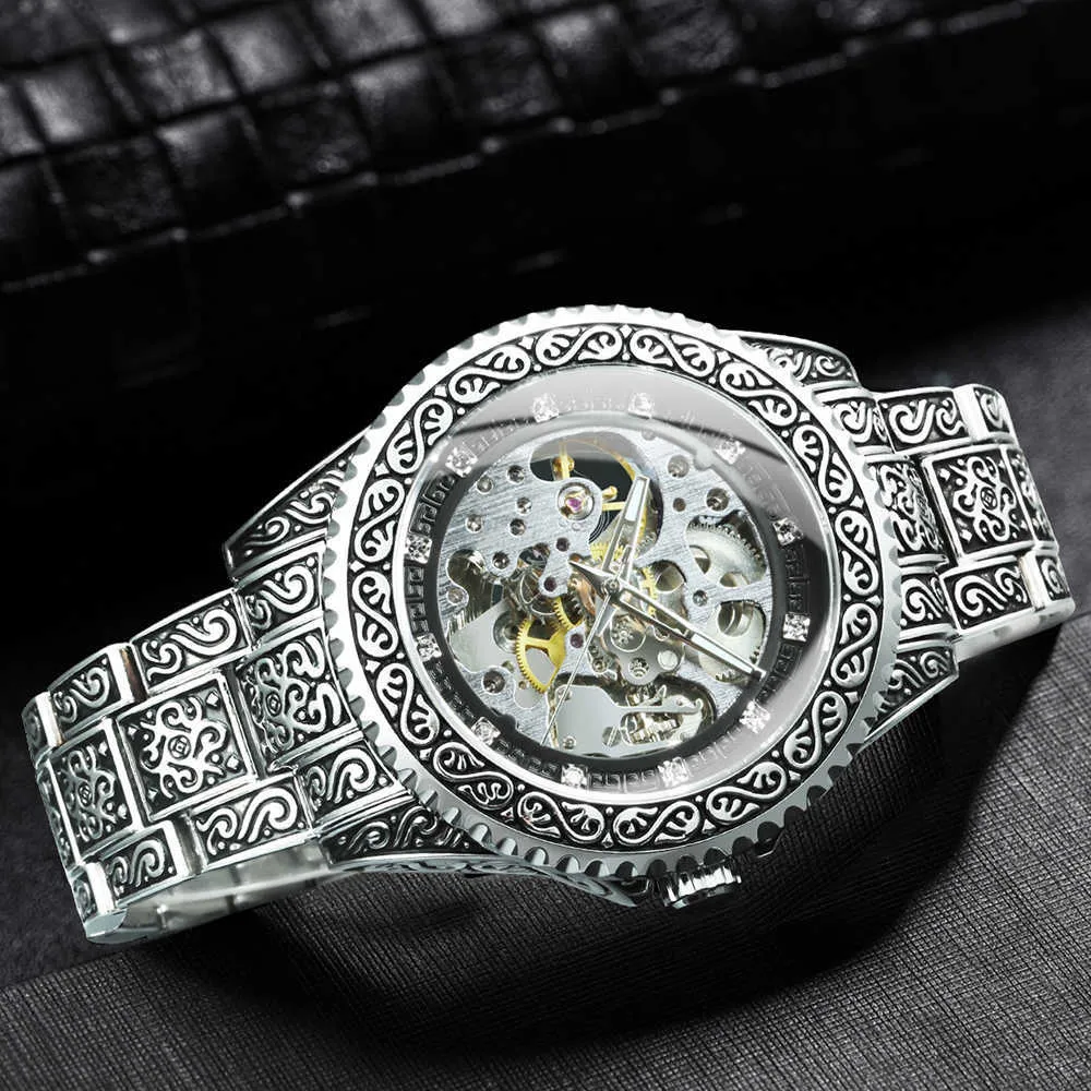 Ganador Gold Skeleton Mecánica Reloj Hombres Automático Vintage Royal Fashion Grabado Auto Muñequera Relojes Top Marca Crystal 210728