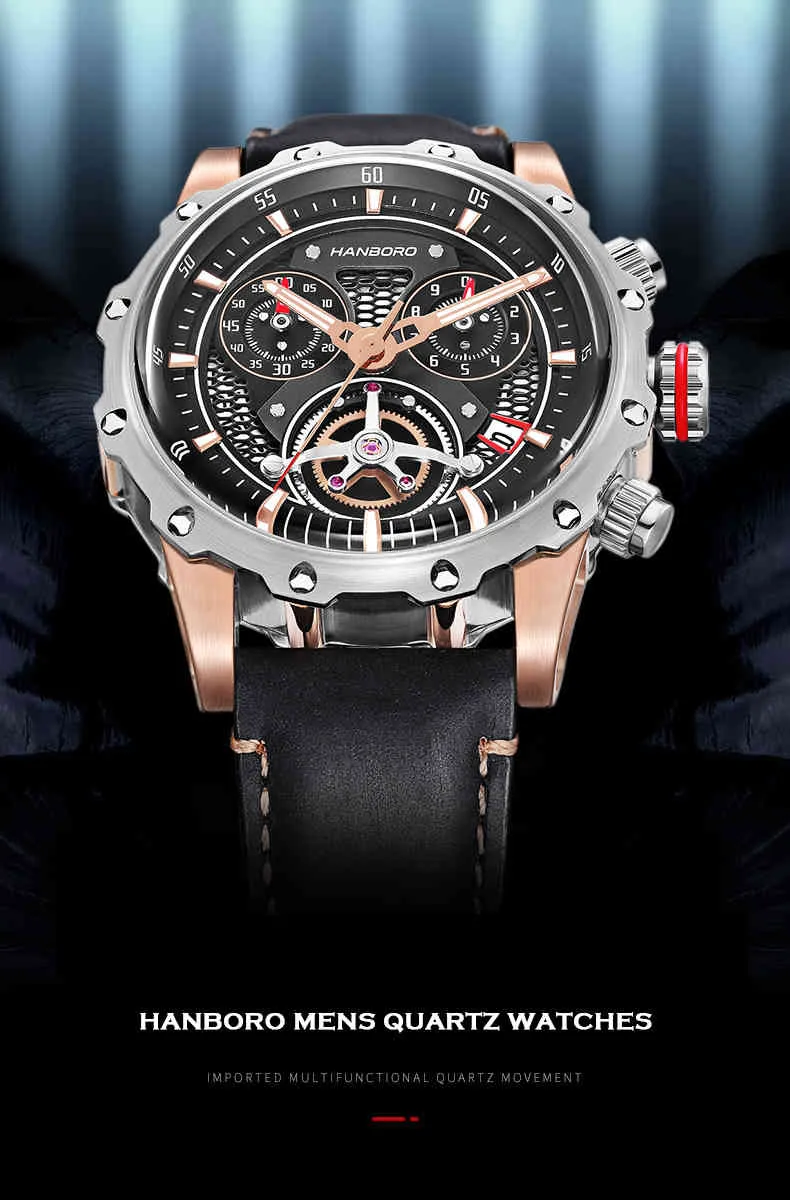 HANBORO hommes chronographe montre Sport montres étanche lumineux marque de mode Quartz homme montre bracelet en cuir Relogio Masculino