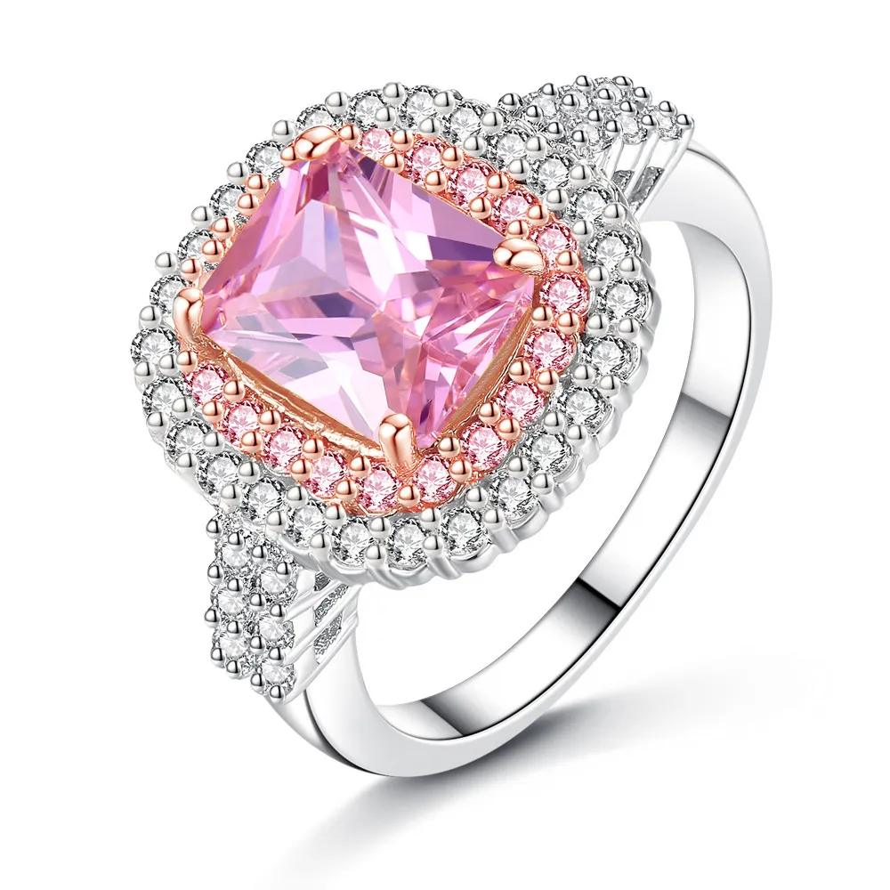 2021 mode carré rose jaune Zircon luxe or blanc couleur bague de mariage bijoux dames satisfaction cadeaux