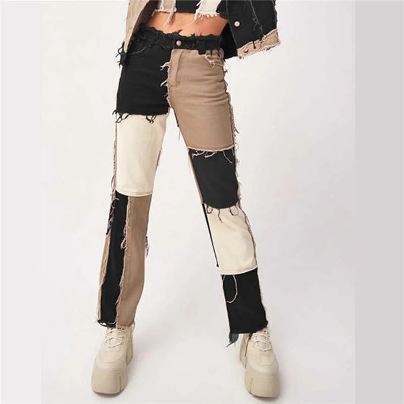 Brown Straight Y2K Jeans pour filles Mode féminine Patché Femmes Vintage Denim Pantalon Taille Haute Pantalon Harajuku S 210629