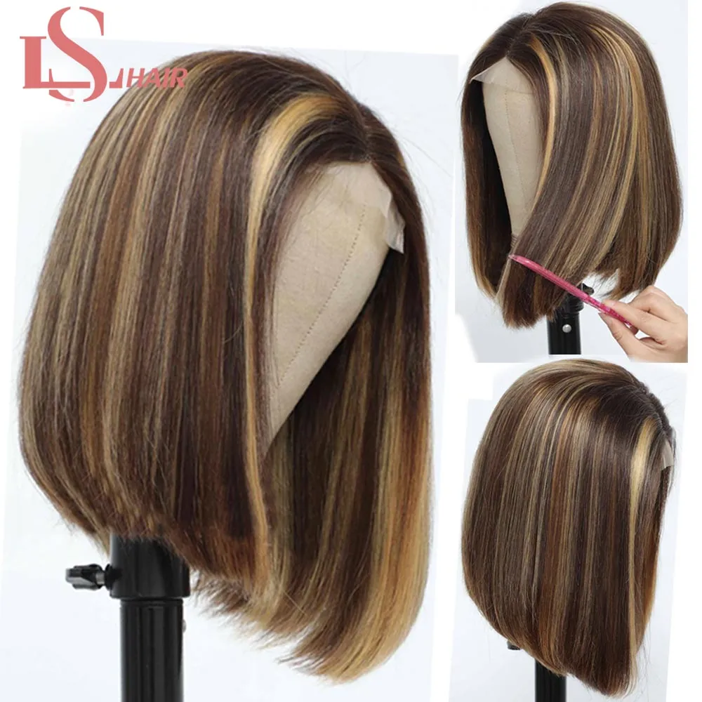 Den nya blondinen höjdpunkt Bob Wigs Human Hair 150% Remy Pre Plucked Brasilian P4/27 Ombre spetsstängning Wig 4x1 T DEL Kort bob mänsklig hår peruk för svarta kvinnor