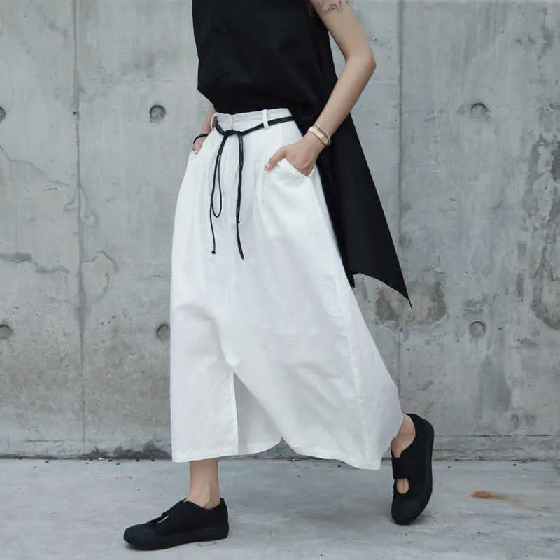 [EAM] 2021 nueva primavera otoño cintura alta cordón blanco suelto tamaño grande pantalones de pierna ancha sueltos mujeres pantalones moda marea JR505 Q0801