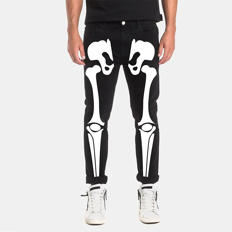 Männer Schwarze Jeans Hosen Denim Herren Streetwear Print Skeleton High Wasit Slim Bleistift Overalls